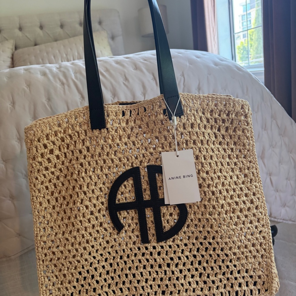 NWT ANINE BING Straw Tote Bag with Black Handles - Beige - Picture 6 of 10
